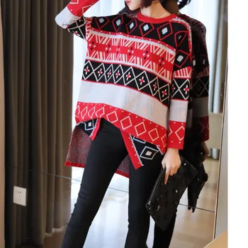 

Striped Knitted Sweater Women's 2019 Korean New Loose Knit Top Autumn and Winter Medium Length Plus Thick Sweater