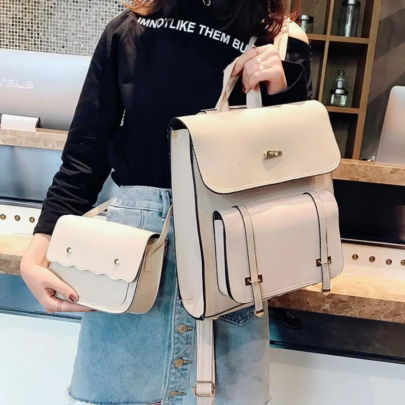 Beige bags 2 Fashion Women Backpack New High-quality PU Leather School Bakcpacks Large Shoulder bag Teenage Girl Travel Rucksack - Цвет: Beige