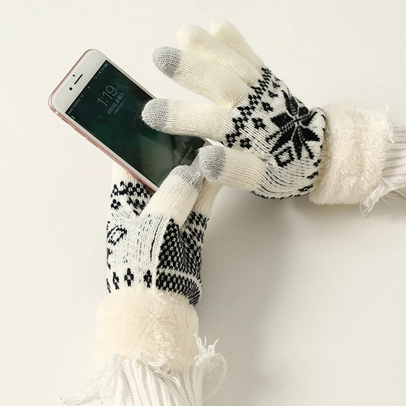 Новые очень теплые флисовые перчатки для сенсорного экрана, вязаные утолщенные перчатки для женщин, зимние уличные m99 - Цвет: Snowflake