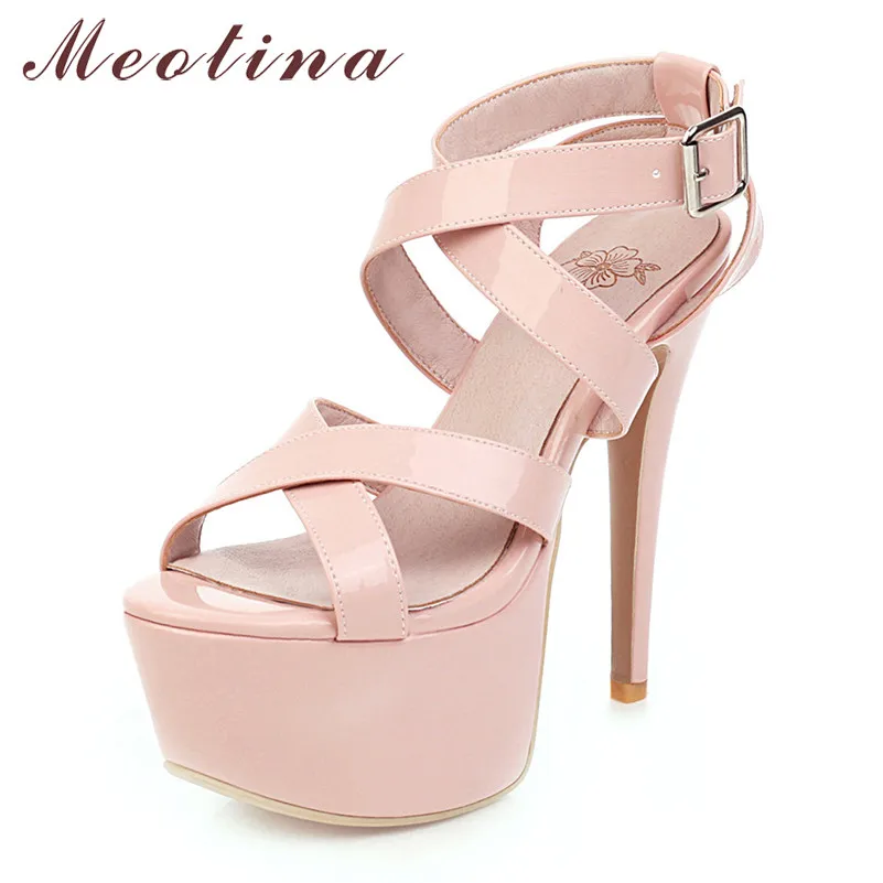 

Meotina Women Shoes Summer Sandals Patent Leather Platform Thin Heels Cross Strap Shoes Buckle Extreme High Heel Sandals Lady 46