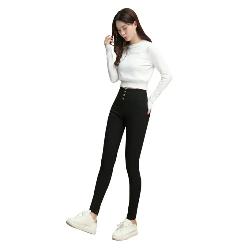 

YGYEEG High Waist Women Pencil Pants Button Decoration Autumn Slim Warm Office Work Ladies White Black Red Ankle-Length Trousers