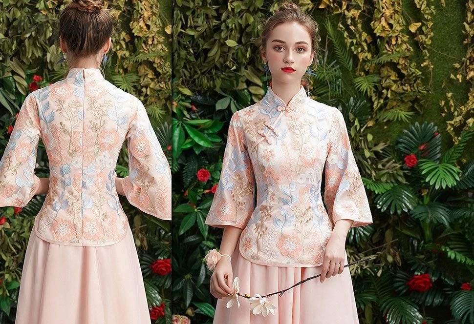 Летние новые кружевные короткие Cheongsam розовые Chinoise платье подружки невесты Qi Pao женское традиционное китайское платье Qipao платья сестры