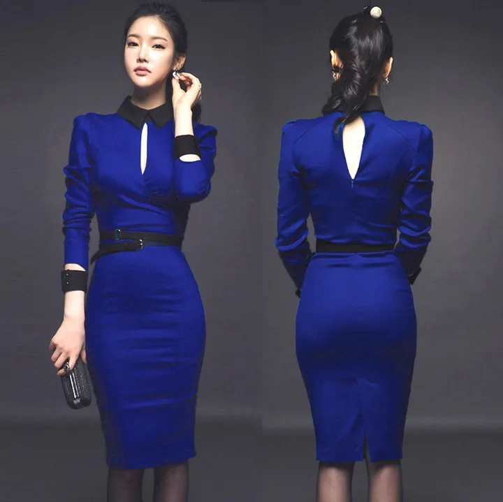 

2019 Spring Clothing New Style Blue Long Sleeved Korean Version of the Package Hip Supermodel Elegant High-End Ol Wear Sexy Dres