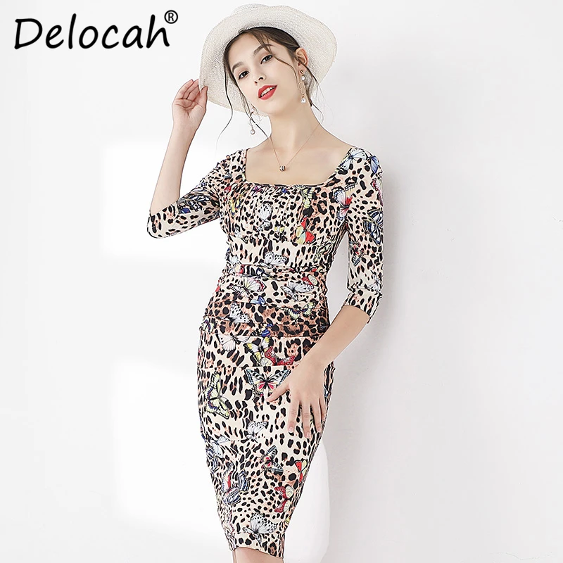 Delocah, модное осеннее сексуальное облегающее платье для подиума, женское платье с квадратным воротником и леопардовым принтом, с драпировкой, с сборкой талии, элегантные повседневные платья