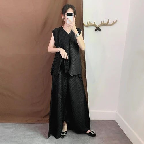 black pants Высокое качество Issey плиссированные, пожалуйста, Женский комплект, однотонный костюм, топ с короткими рукавами, широкие длинные штаны, морщинки, комплект из 2 предметов, женская одежда - Цвет: black pants