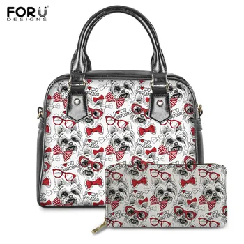 

FORUDESIGNS Women Handbags Luxury Design Yorkshire Terrier Pattrn Ladies Purse&Handbag for Females 2pcs/set Shoulder Tote Bags