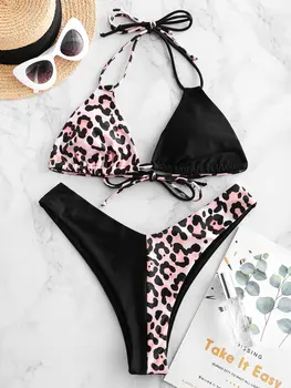 

ZAFUL Double Straps Halter Leopard High Cut Bikini Swimsuit