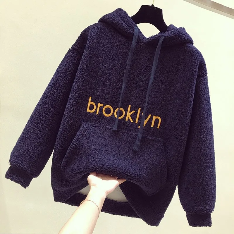  Autumn Winter Fashion Fleece Pullover Tops Sweatshirts Women Loose Warm Hoodies Long Sleeve Plush F