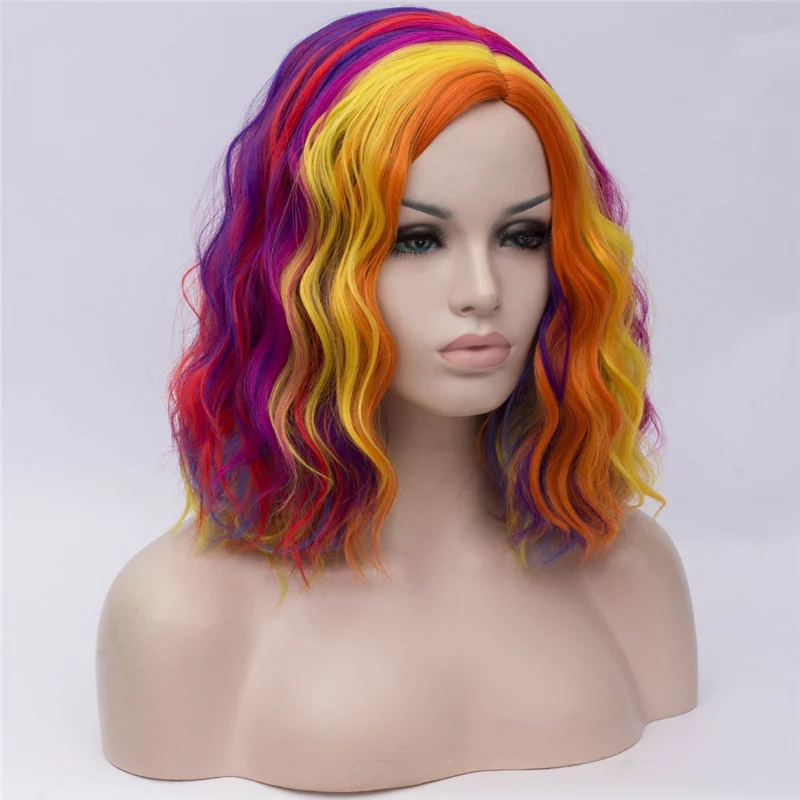 Ombre желтые розовые красные парики для косплея для женщин цвет радуги короткие волнистые розовые парики