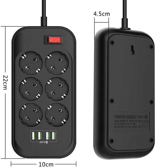 Plug ue - UE - Multiprise 2500W, 6 prises ue, 4 Ports de charge USB, prise  plate, rallonge de 2M pour ordinat