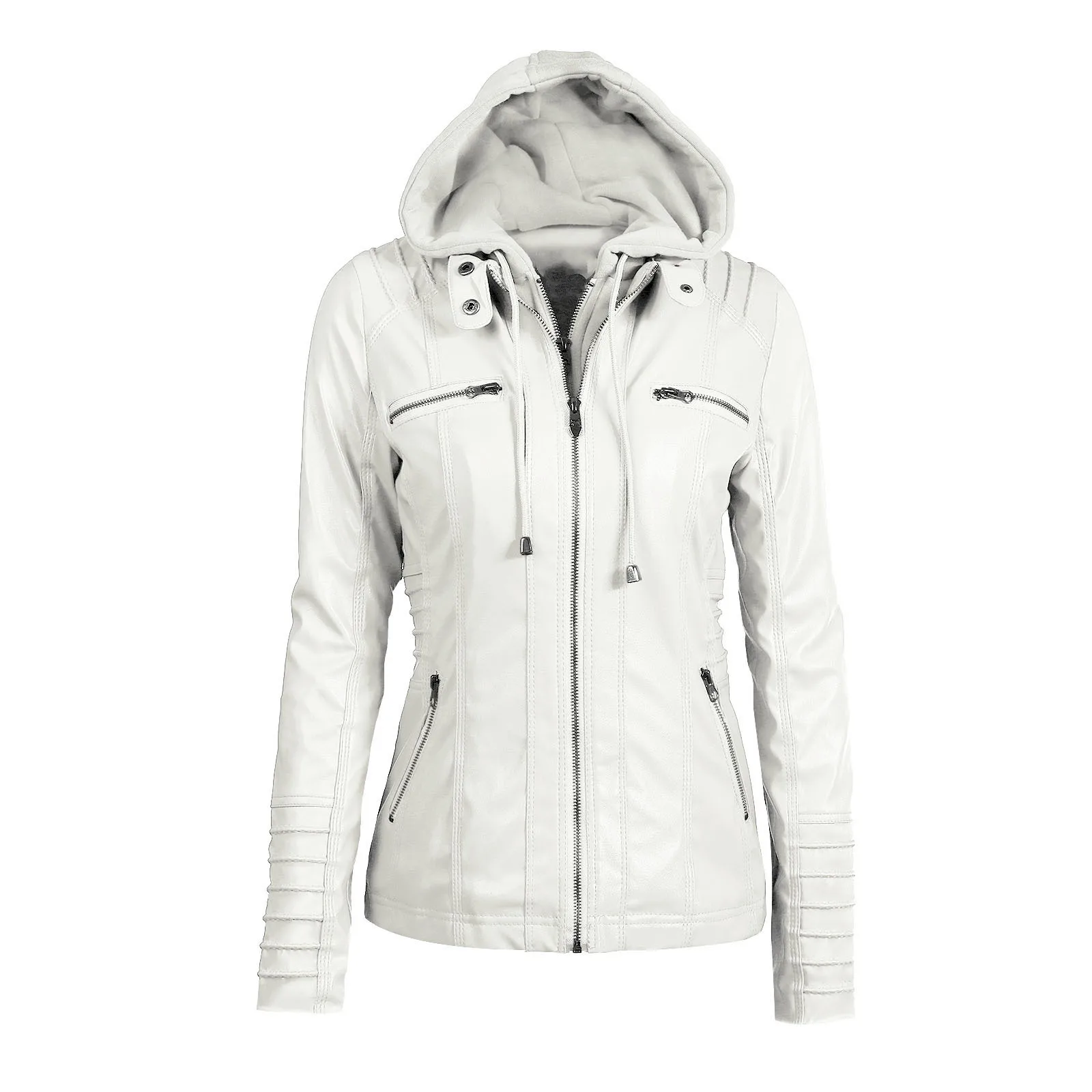 Женская куртка из искусственной кожи большого размера, зима-осень, Байкерская мотоциклетная куртка с капюшоном на молнии, теплое пальто, верхняя одежда, куртки из искусственной кожи 7XL - Цвет: White