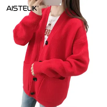 

AISITELIK 2020 autumn and winter new sweater female cardigan Korean version of solid color loose sweet thick sweater coat