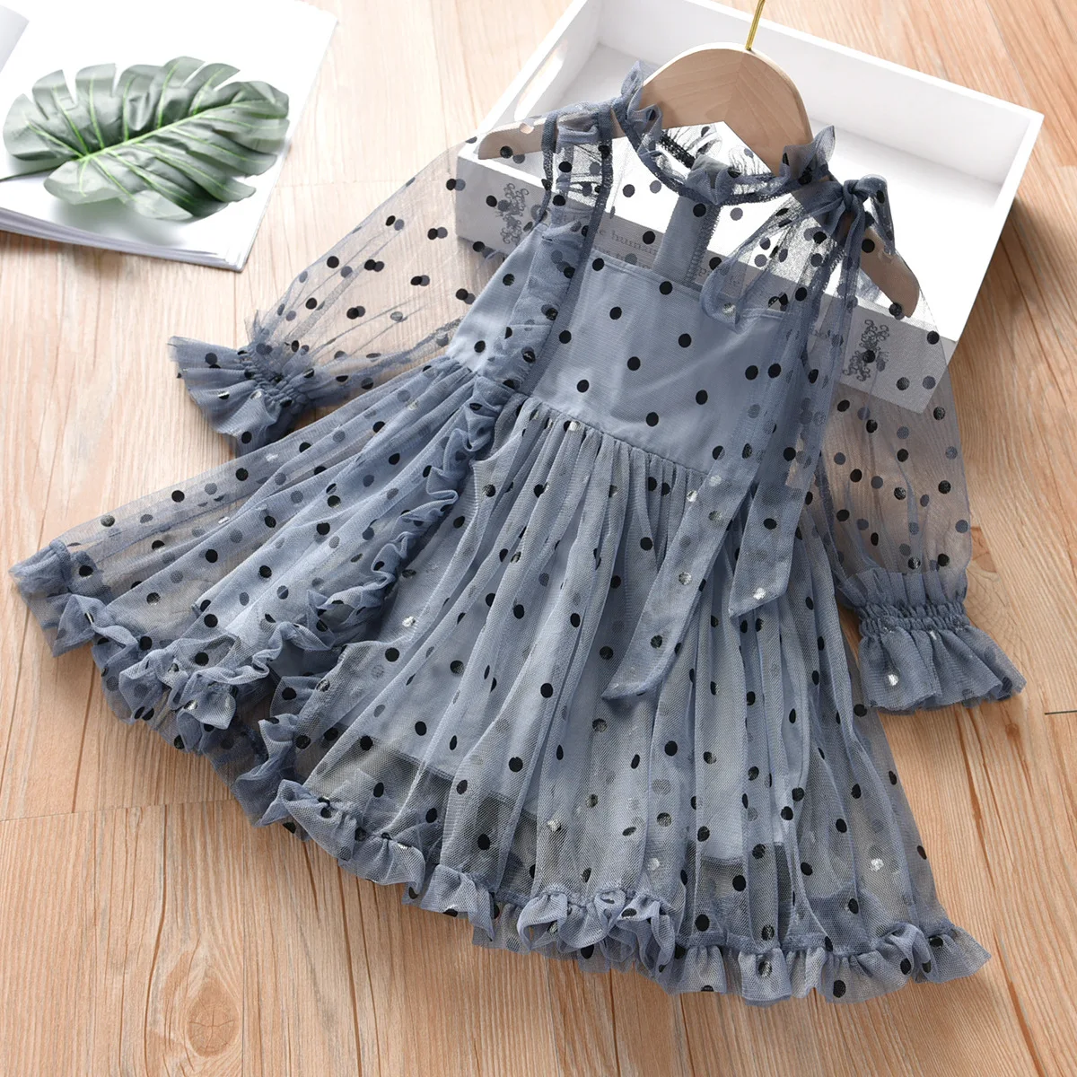 Thunderers Fashion Girl Party Dresses Mesh Dots Long Sleeve Children Princess Dress Casual Elegant Kids Dress Baby Clothes