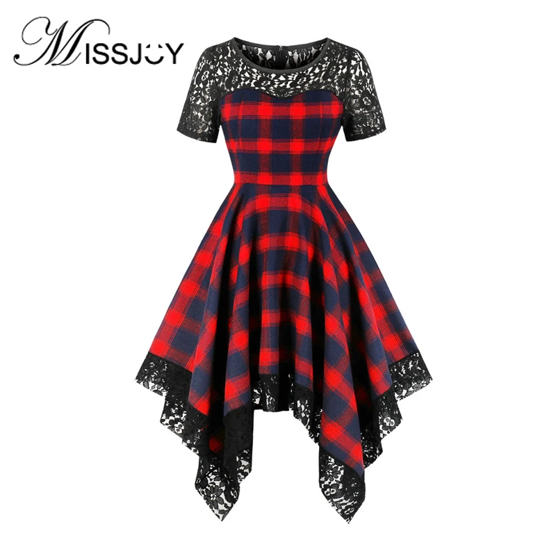 MISSJOY, необычные, новинка, черные, красные, в клетку, женские платья, кружева, короткий рукав пэчворк, o-образный вырез, Femme, элегантные, винтажные, вечерние, на каждый день