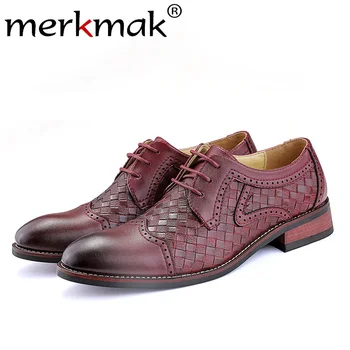 

Merkmak Genuine Cow Leather Men Shoes Fashion Weaving Dress Shoes Male Pointed Toe Business Formal Footwear for Party Wedding