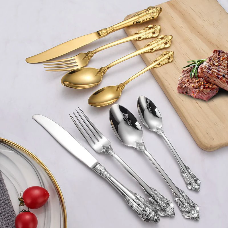 Европейский стиль дворца Ретро рельеф нож и вилка 304 нержавеющая сталь резьба Западный нож вилка, ложка, посуда