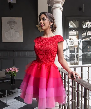 

Red 2019 Elegant Cocktail Dresses A-line Cap Sleeves Short Mini Tulle Lace Tiered Homecoming Dresses