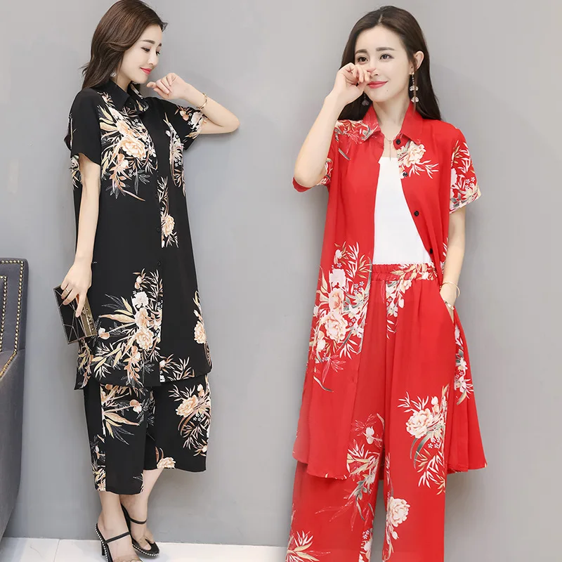 

2019 Summer Large Size Ethnic-Style Printed Short Sleeve Shirt + 9 Pants Two-Piece Women's