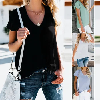 

Top Female Summer Cross-Border New Leisure Simple he ye xiu round Neck Pullover Slim Shirt Female 253173