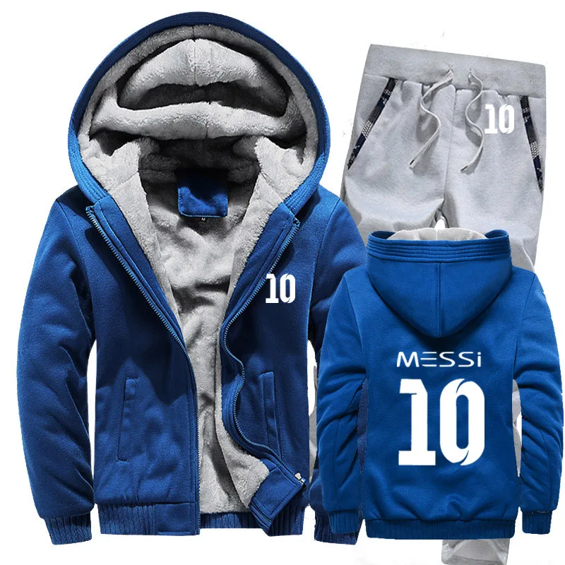 Зимняя мужская толстовка с капюшоном Messi 10 принт мужские s толстовки костюм толстый теплый флис хлопок спортивный костюм на молнии мужская куртка+ брюки комплекты из 2 предметов - Цвет: 823