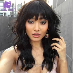 Luffywig Wavy Human Hair Wigs with Bangs for Women Remy Brazilian Short and Long Scalp Base Top Full Machine Made Wig with Bangs
