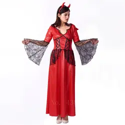 Хэллоуин женщина костюм дьявола страшный красный демон косплей маскарад Вечерние сексуальные кружева платье с воротником-стойкой