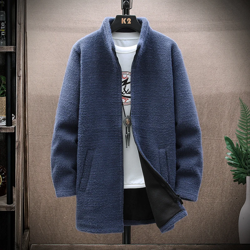 Mid-length Jacket Men's Sweater Fall/winter Hooded Jumper Solid Fleece Thick Warm Male Cold Coat Knitted Hoodie Zipper Cardigan