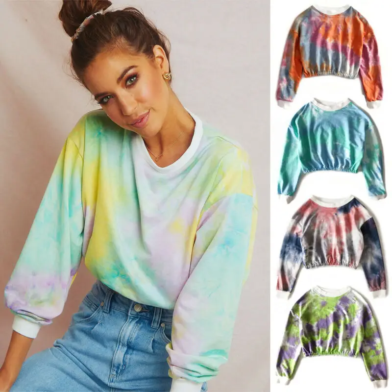 Brand New Women Long Sleeve Tie dyeing Jumper Pullover Sweatshirt Female Spring Autumn Casual Loose Crop Top T-Shirts | Женская одежда