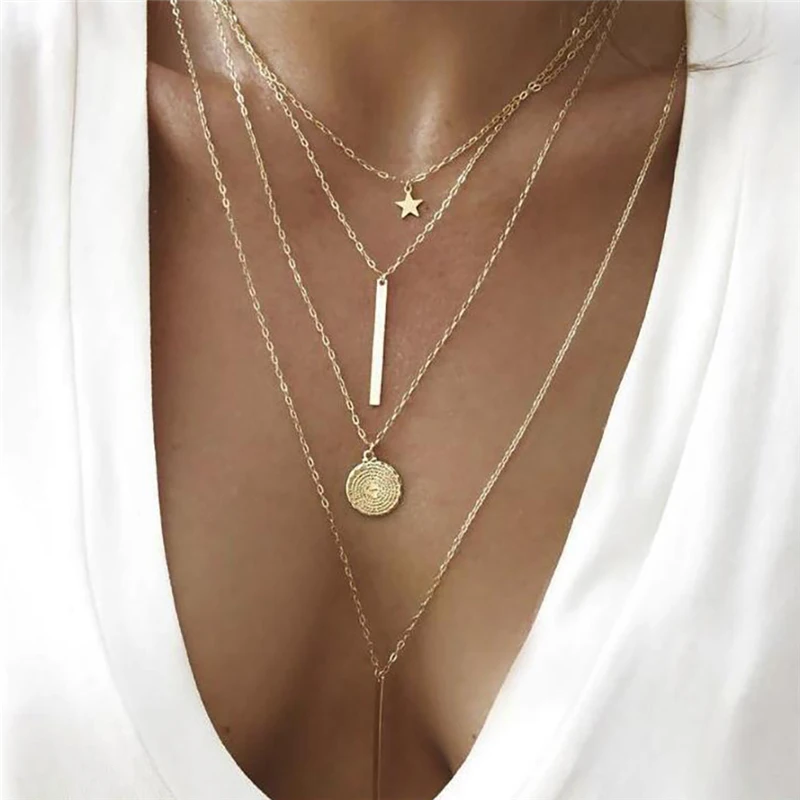

New Fashion Gold Star Pendant Necklace Trendy Women's Simple Chorker Necklace Multilayers Bar Coin Necklace Clavicle Chains