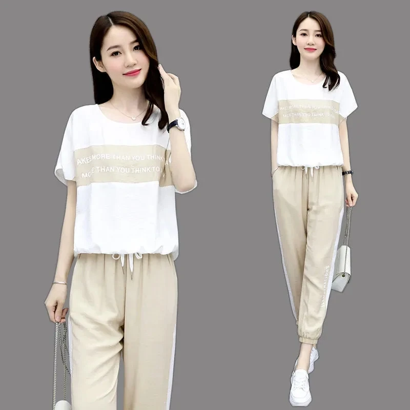 Fashion Summer Sports Pant Suits Women Top+Trousers Sets Femme O-Neck T-Shirt+Pants New Two-Piece Set Woman High Waist