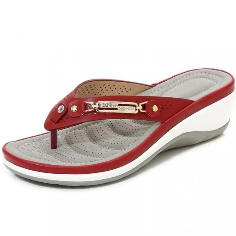 2021 Women's Slippers Summer New Fashion Metal Button Slides Shoes Wedge Beach Sandals Women Outside Platform Leisure Flip Flops