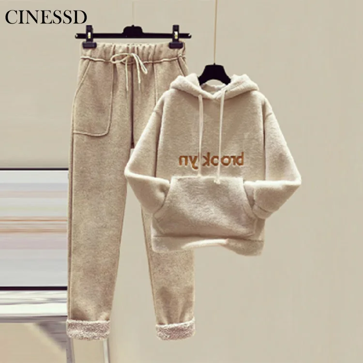 

Plus size women hoodies and pants 2 piece set ladies letter pocket Korean loose plus velvet thickening pullover sweatshirts