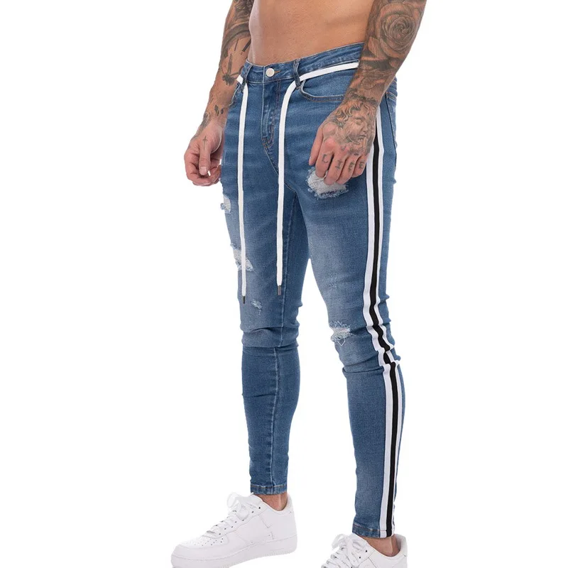Men Ripped Skinny Jeans Biker Destroyed Autumn Slim Fit Denim Jeans Side Stripe Pencil Pants Hip Hop Streetwear Hot Sale 2020