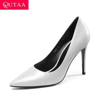 

QUTAA 2020 Quality Cow Leather Ladies Pumps Thin High Heel Slip on Office Women Shoes Pointed Toe Elegant Stilettos Size 34-39