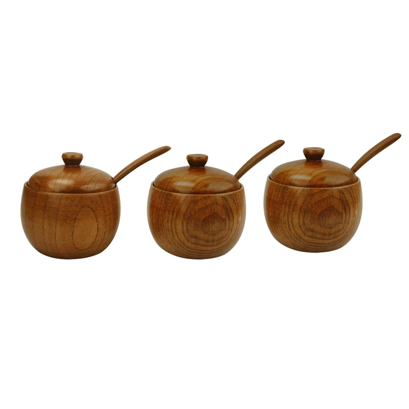 3 Pack Natural Wood Salt Boxes With Lids And Spoons, Sugar Jars