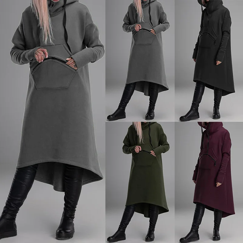 ZANZEA осеннее Женское пальто с капюшоном, платье с капюшоном, Женская Повседневная Толстовка с длинным рукавом, Женская длинная рубашка с застежкой-молнией, большие размеры
