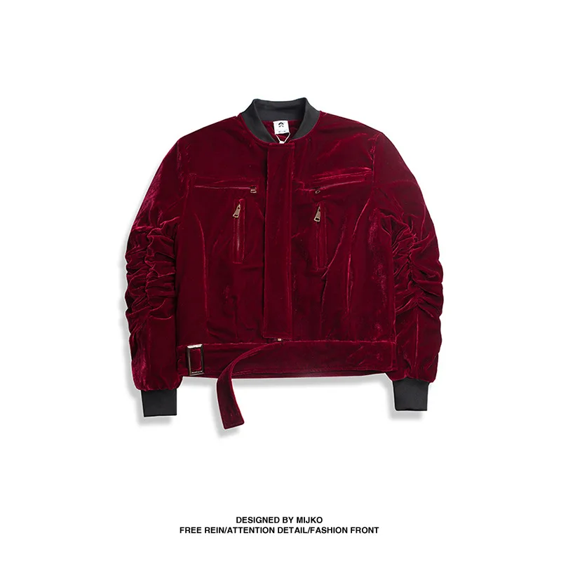 Kanye Scimitar эластичные плиссированные рукава бархатные мужские зимние куртки и пальто толстая ветровка куртка-бомбер стоячий пузырь пальто - Цвет: Бургундия