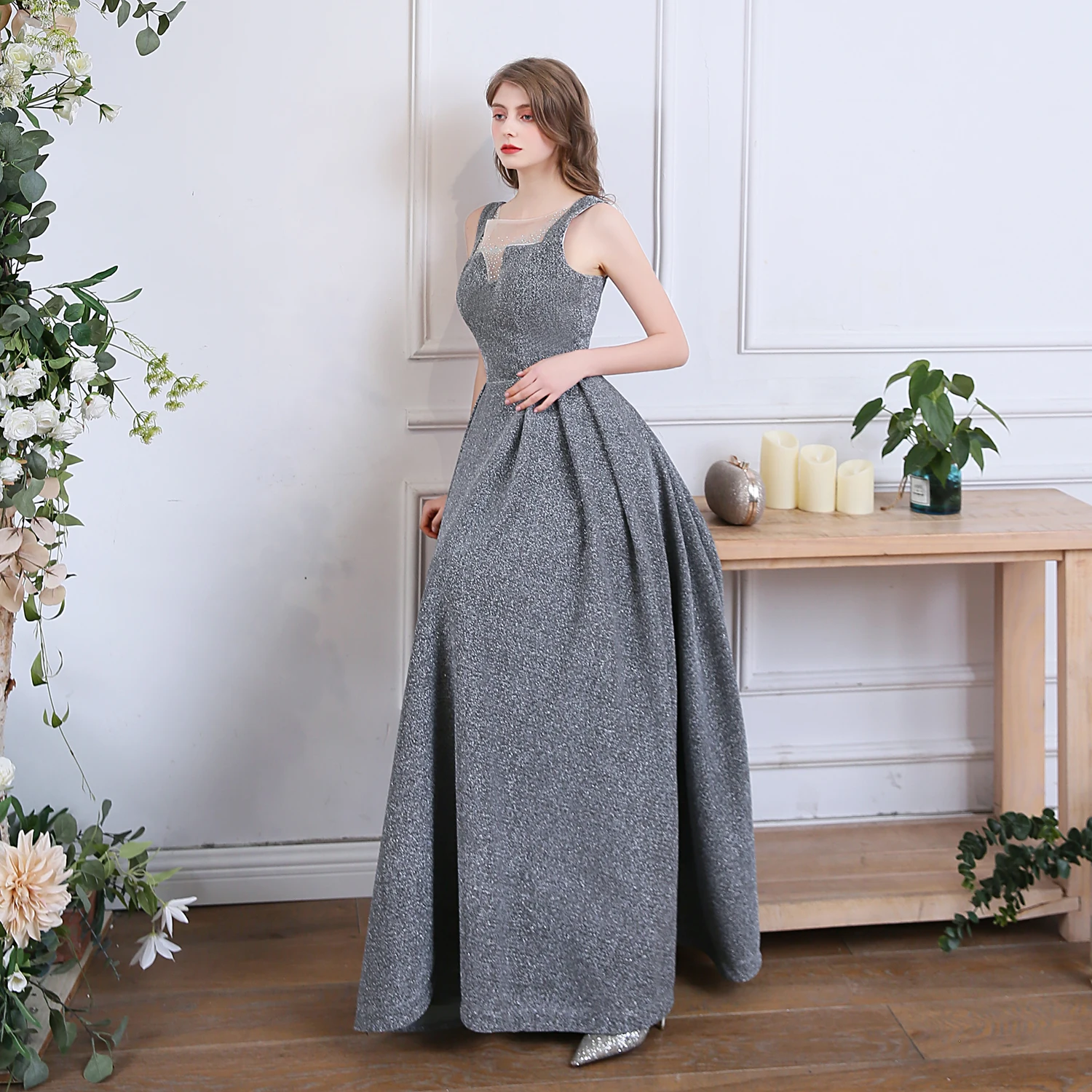 SSYFashion, новинка, простое серое вечернее платье, сексуальное, без рукавов, с блестками, для банкета, сверкающее, длинное, официальное, для вечеринки, платья, Vestidos De Noche