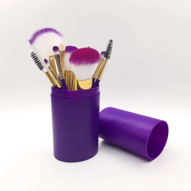 Purple 12 шт./компл. кисти для макияжа инструмент тени для век основа для бровей Кисть для губ Косметика держатель для чашки кожаный чехол набор кистей - Handle Color: Purple