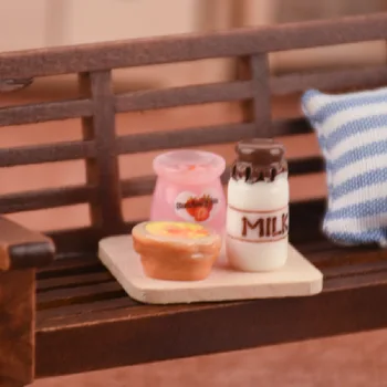 

Mini Furniture Miniature Props Simulation Breakfast Set Jam Milk Plus Egg Tart Set Model