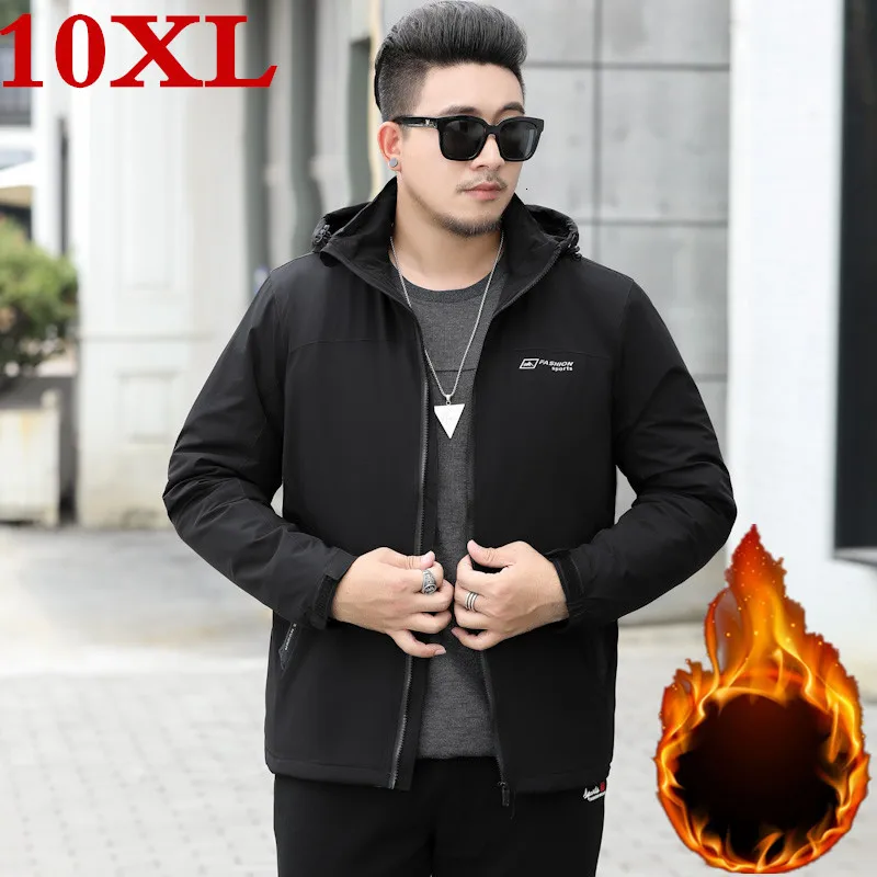 Зимняя куртка размера плюс 10XL 9XL, мужская верхняя одежда, водонепроницаемая ветровка, куртка с капюшоном, мужская спортивная куртка, верхняя одежда, пальто, тонкий бархат - Цвет: Black