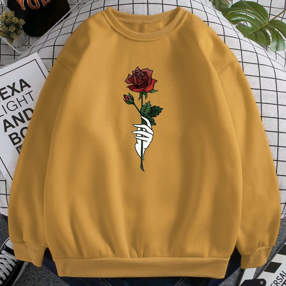 

Personality With Rose In Hand Print Women'S Sweatshirts Fashion Streetwear Hoodies Women Fleece Harajuku O-Neck Hoodie For Girls