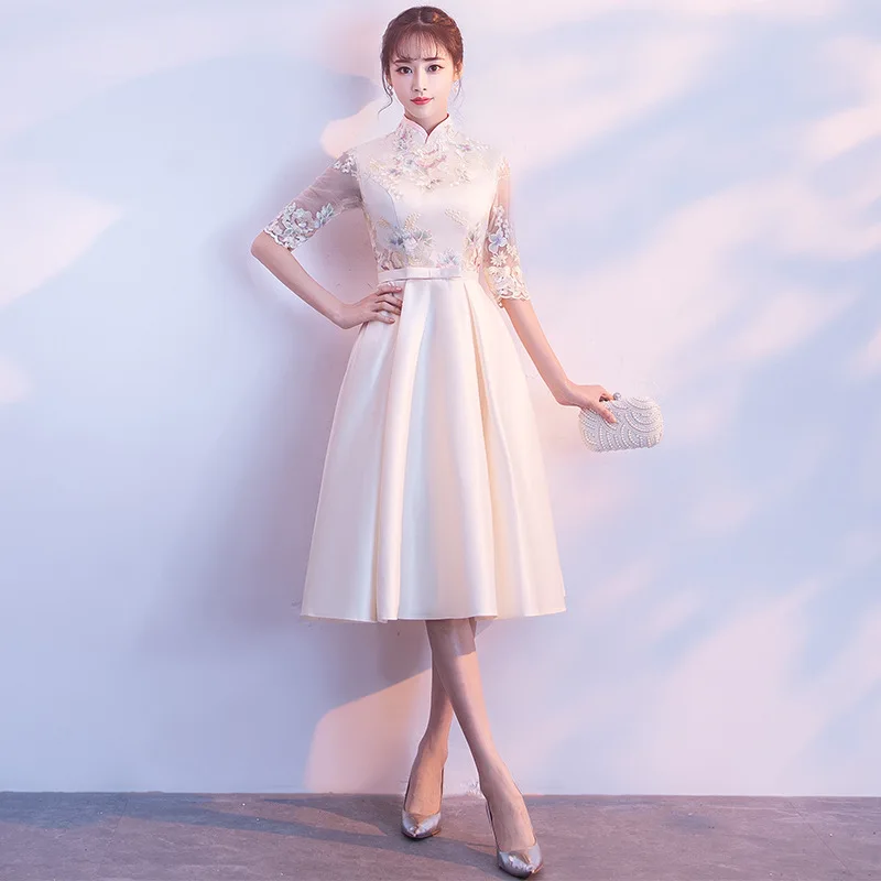 

Mandarin Collar Young Lady Evening Party Gown Cheongsam Half Sleeve Midi Formal Party Dress With Bow Sexy Vestidos De Festa