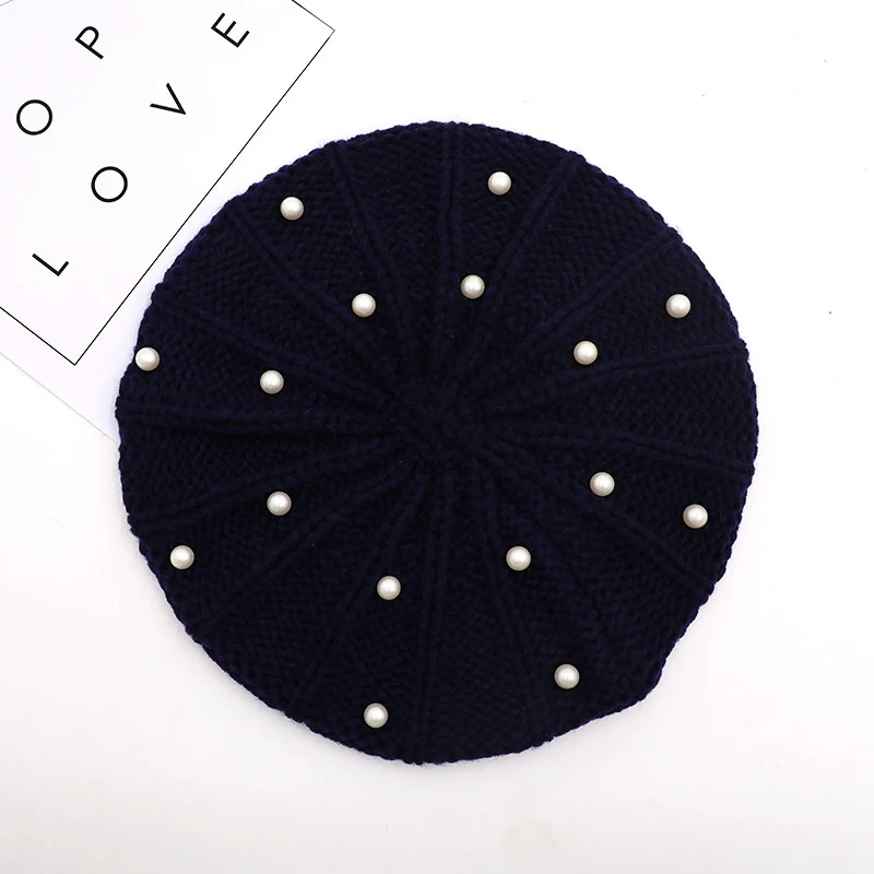 WZCX Pearl Inlay Solid Color Knitting Girl Beret Fashion New Keep Warm Autumn Winter Casual Tide Outdoor Women'S Hat Adult Cap