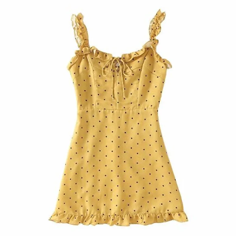 Sexy Wood ears Polka Dot Print Mini Short Dress 2018 Woman Floral Lacing Up V neck Backless Reffles Spaghetti Strap Dresses