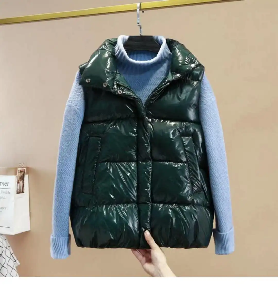 Green Vangull/женский хлопковый жилет на пуху, зимний плотный жилет без рукавов, осенний Блестящий жилет с воротником-стойкой на молнии из лакированной кожи - Цвет: Green