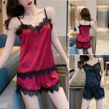 

Hot 2pcs/Set Women Satin Lace Sleepwear Ladies Lingerie Nightdress Pajamas Set CNT 66