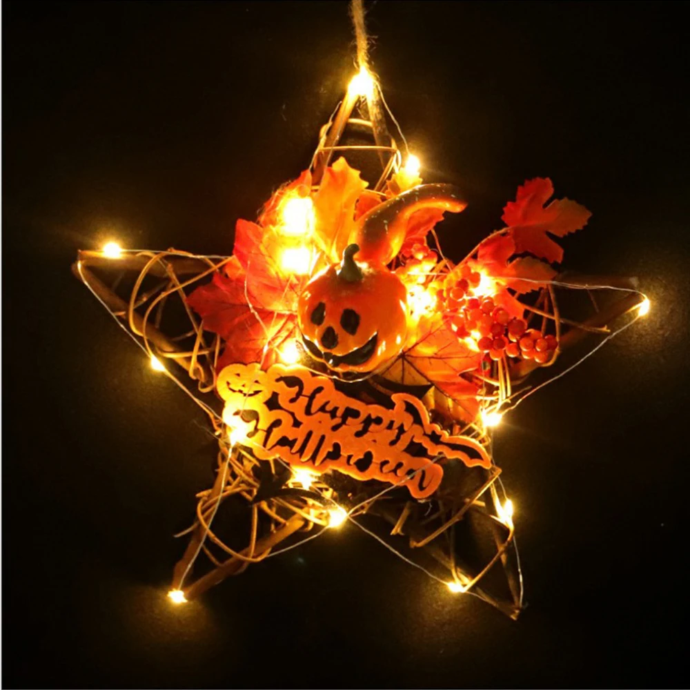 Wood Halloween Black Pumpkin Star Shape Wall Decoration Halloween Simulation Autumn Maple Leaf Pumpkin Berry Wreath - Цвет: Красный