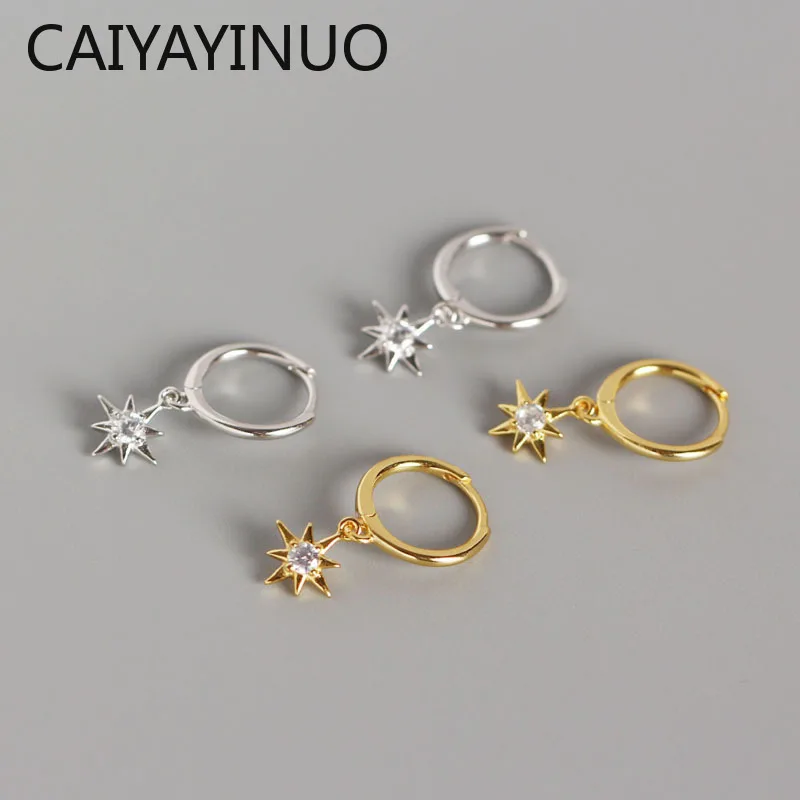 

CAIYAYINU 100% 925 Sterling Silver Punk Cool INS Star CZ Small Open Hoop Earrings Cubic Zirconia Spike Earring For Women Jewelry