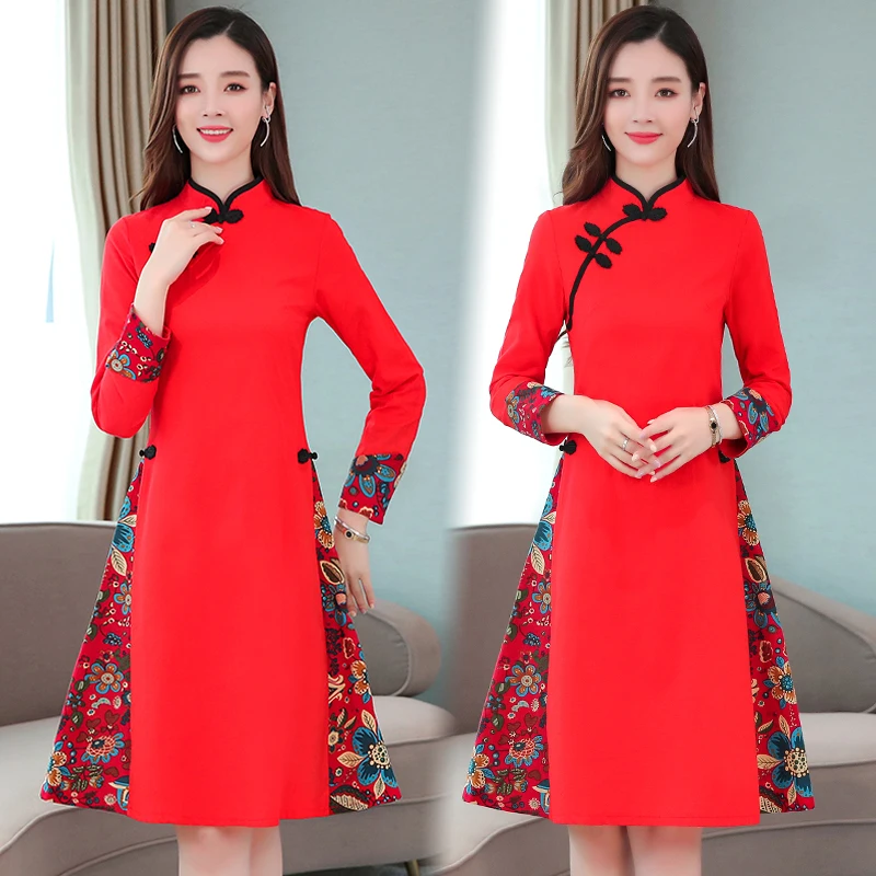 Floral Print Patchwork Improved Cheongsam Women Stand Collar Vintage Buckle Chinese Style Slim Knee Length Dress Female Qipao 4